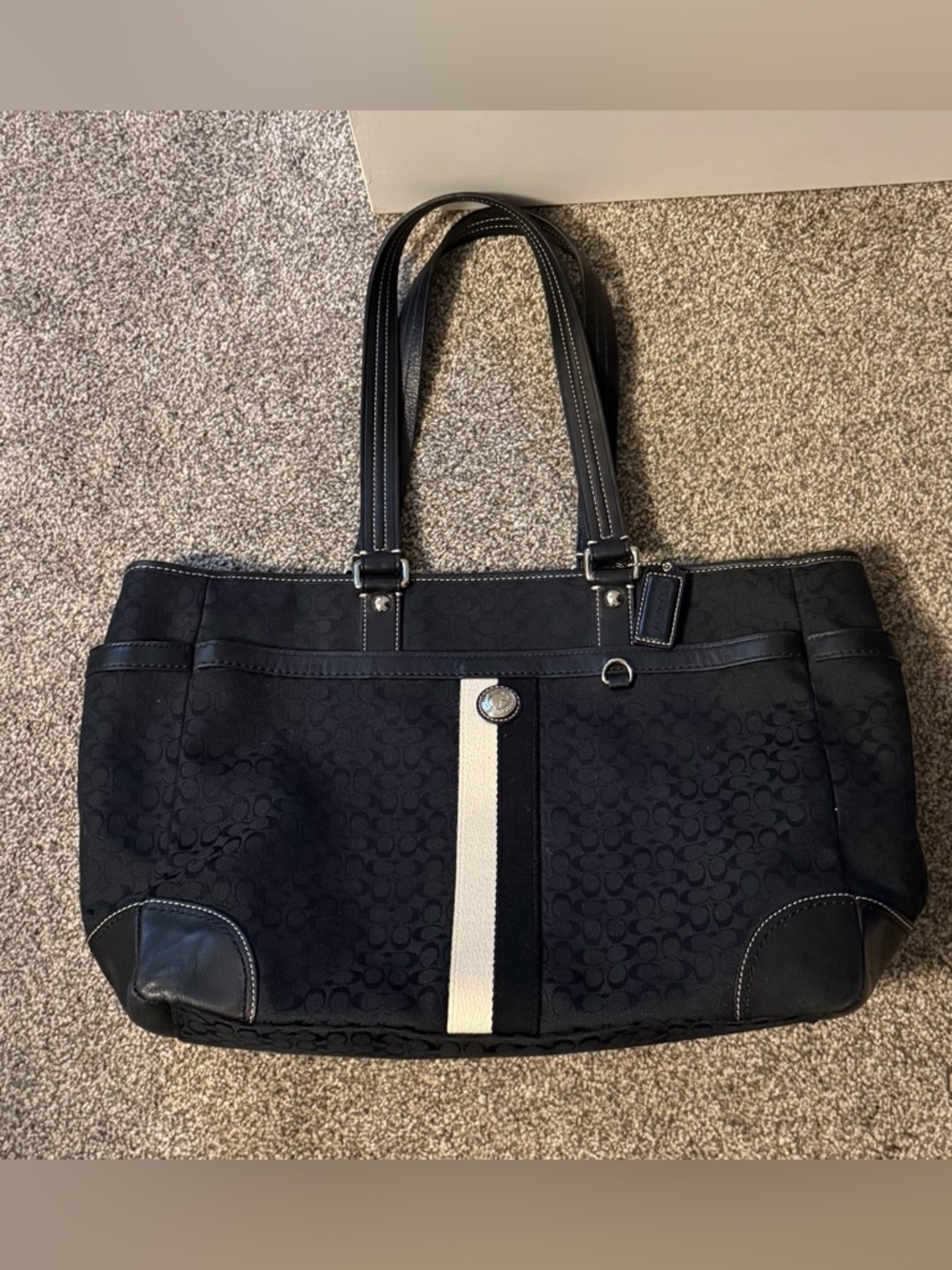 Black Coach Canvas Signature Voyager Tote Bag. EUC. 10 inch drop strap. 10x15